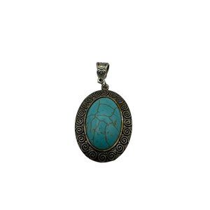 Turquoise and Silver Oval Cabochon Pendant Fashion 1.5 inch